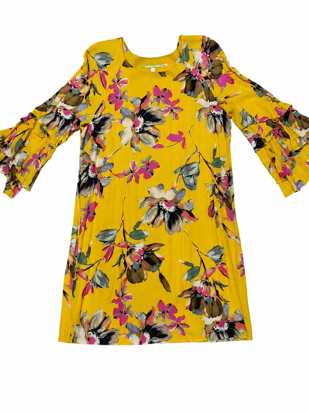 Gianni Bini Yellow Floral Ruffle Sleeve Shift Dress Size S